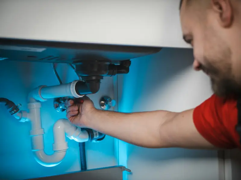 A man working on the pipes under a sink