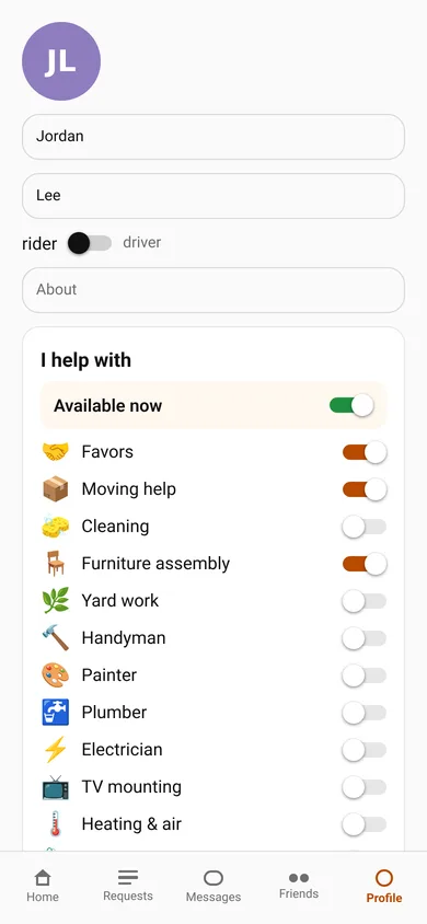 Profile with Available now and categories switched on