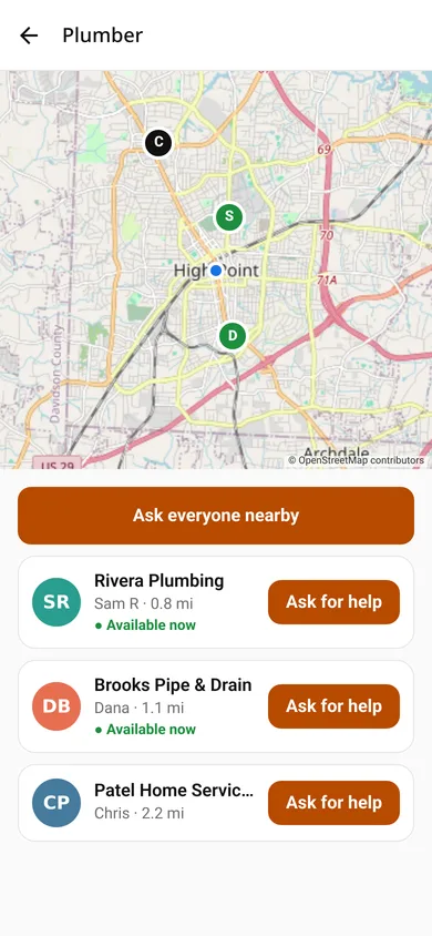Map and list of plumbers available nearby