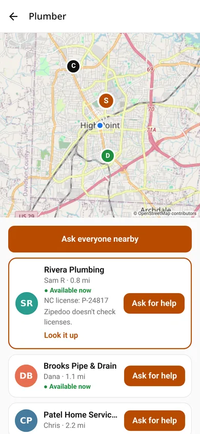 Choosing a plumber from the list