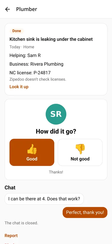 Finished request with a rating and chat